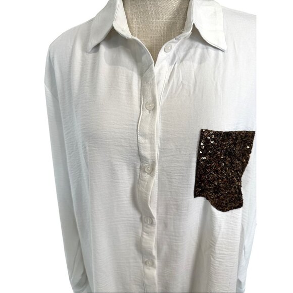 Misia White Collared Long Sleeve Button-Down Shirt With Brown Sequin Pocket XL - Picture 3 of 11